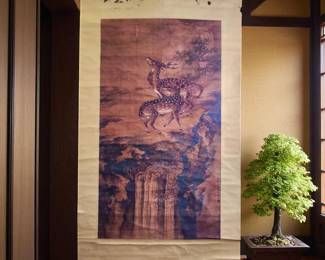A Chinese Scroll Landscape Painting With Deer Calligraphy And Seal Marks Age Unknown