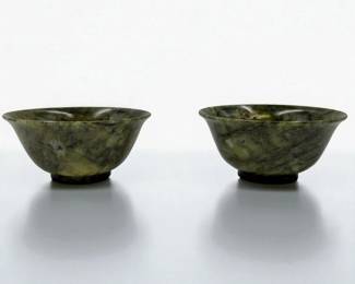 Pair Of Chinese Carved Spinach Jade Bowls In Decorative Box