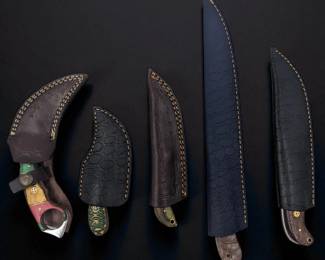 5Pc Hand Made Damascus Steel Knives And Sheaths