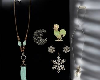 7 Piece Lot Of Assorted Costume Jewelry, Necklaces, Brooches, Earrings, And A Pendant