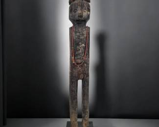 Indonesian 19th Century Hand Carved Standing Figure With Hand Carved Beaded Necklace