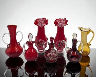 Lot Of 7 Vintage Glass Vases / Vessels, Mostly Handblown Cranberry Glass