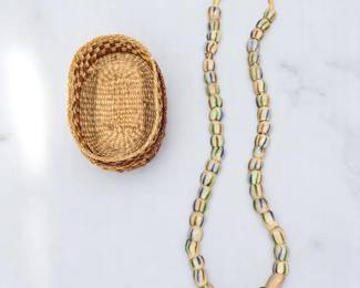 Antique African Krobo Trade Beads Necklace In A Woven Basket, 47 Beads Total