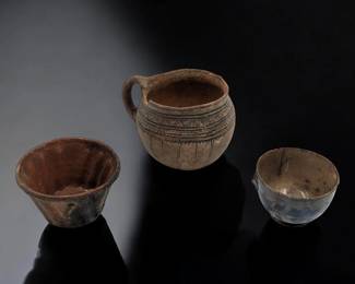 Lot Of 3 Old Pottery Vessels, A Jug, Pot, And Bowl
