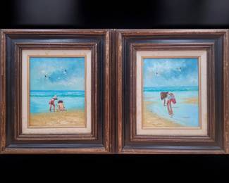 Pair Of C. Manuel Signed "Children On Beach" Oil On Board Paintings