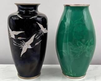Pair Of Vintage Japanese Enamel / Cloisonne Vases, One Signed Sato