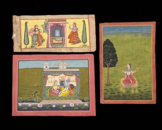 Lot Of 3 Indian Bundi And Pahari School Miniature Tempura On Paper Paintings