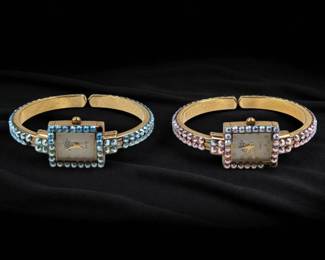 Pair Of Vintage Kirks Folly Rhinestone Cuff Bangle Leopard Print Watches