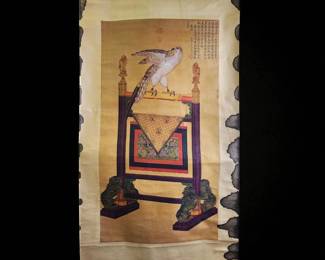 A Chinese Scroll Painting Table Screen With An Eagle W/ Calligraphy And Seal Marks Age Unknown