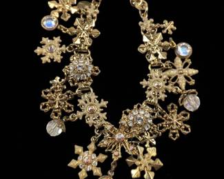 Vintage Kirks Folly Crystal And Enamel Gold Tone Snowflake Charm Bracelet