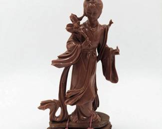 A Fine Chinese Goldstone Geisha Sculpture On Wooden Stand