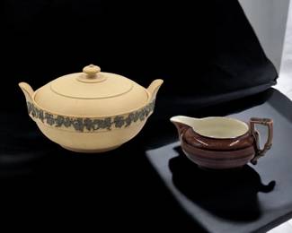 Pair Of Antique Wedgwood Ceramic / Porcelain Pieces, Caneware Lidded Service Bowl And Brown Creamer