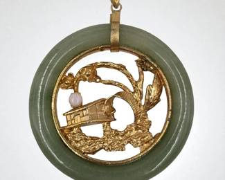 A Beautiful Vintage Chinese Scenic Jade Pendant With Gilt Metal And Moonstone