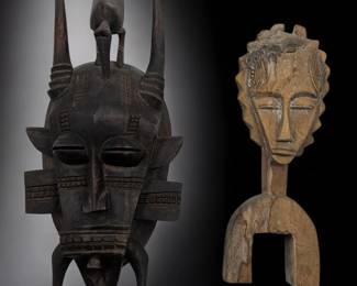 Pair Of Vintage Hand Carved African Pieces, Tribal Kpelie Mask And A Traditional Heddle Pulley