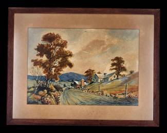 American California-Maurice Braun 1877-1941 Landscape Watercolor Painting Signed Lower left