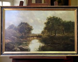 A Large Antique 19th Century Barbizon School Oil On Canvas Painting, Signed J. T. Hore Lower Left