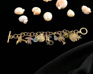 Vintage Kirks Folly Gold Tone Ocean Themed Charm And Glass Bead Bracelet