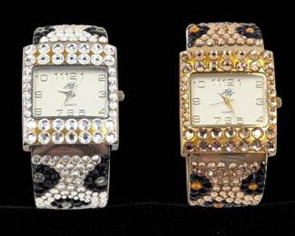 Pair Of Vintage Kirks Folly Aurora Borealis Crystal Bangle Watches