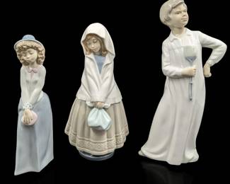 Nao by Lladro Figurines: "Peasant Girl With Shawl", "Boy With Fly Swatter", and "Curly Hair Shy Girl