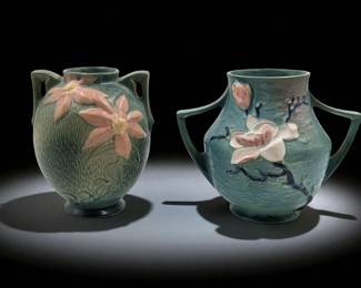 Pair Of Vintage Roseville Pottery Double Handled Vases, One Magnolia And One Clematis