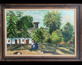Large Vintage Oil On Canvas Village Painting