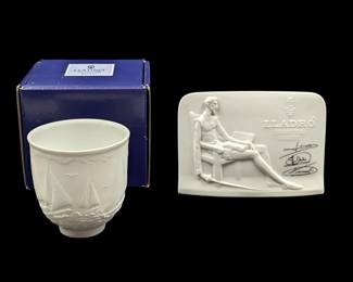 Lladro: Signed Don Quixote Porcelain Display Plaque And "Sailing The Seas" Votive Cup With Box