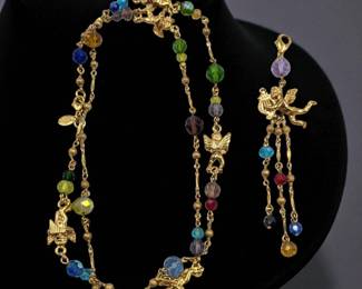 Vintage Kirks Folly Gold Tone Cherub Necklace And Pendant, With Glass Beads