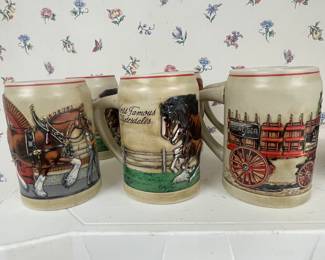 Full set of 6 vintage Budweiser beer steins. Man cave decor.