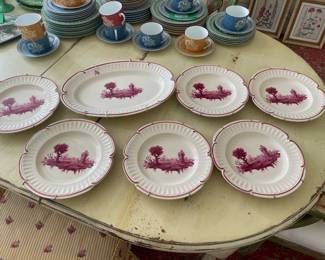 Niderviller France White with Red Scallop Trim Country Scene - 6 Plates & 1 Platter - $135.00