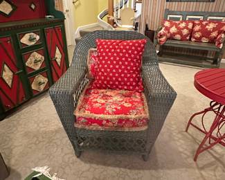 Wicker Wingback Chair with Upholstered Red Floral Cushion 36 x 34 x 30 - $210.00