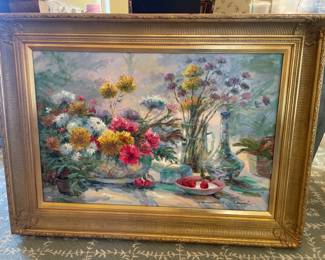 Oil Painting in Gold Frame Floral Art Artist Signed - 45" x 33" - 775.00