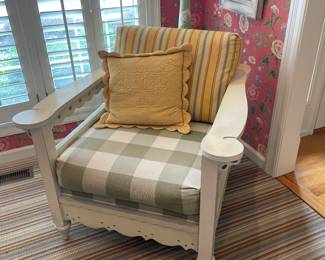 Henry Link Oversized Wood Armchair with Green Plaid Seat Cushion and Striped Back Cushion - $225.00