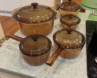 Vintage Pyrex Corning Vision Ware Amber Glass Cooking Pot - Set of 5 Cooking Pots with Lids - $42.00
