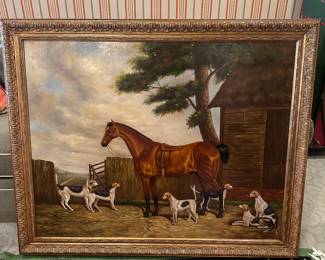 Oil Painting of Horse and Hounds 41 1/2 x 51 1/2 in. - $495 