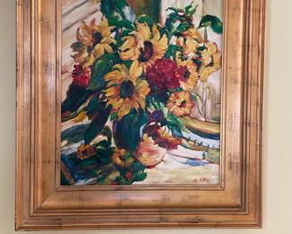 Sunflowers and Red Blossoms by Artist N. Kitty - 29.5" x 33.5" - $565.00
