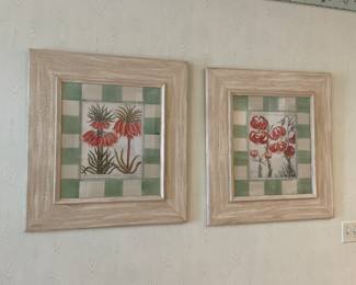 Large Pair of Botanical Framed Prints Flowers with Green Checkered Border - 28.5" x 31.25" - $197.00 