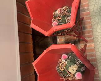 Two Folk Art Style Red and Green Hand-Painted Wood Planters 39" Tall - $195.00 each