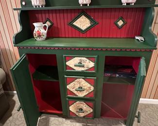 Folk Art Style Red and Green Hand-Painted with Birch Accents Buffet Cabinet with Hutch  53 x 48 x 15 - $295.00