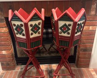 Set of Two Folk Art Style Red and Green Hand-Painted Wood Planters 39" Tall - $195.00 each