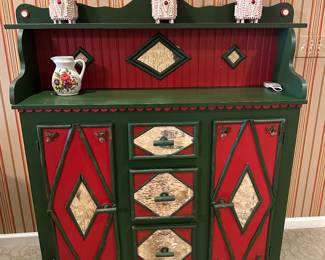Folk Art Style Red and Green Hand-Painted with Birch Accents Buffet Cabinet with Hutch  53 x 48 x 15 - $295.00