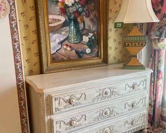 French Country Carved Wood White 3 Drawer Chest - $525.00