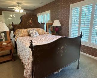 Full Size Hand Painted Floral French Country Brown Metal Bed 68 x 78 x 55 in.  - $500.00