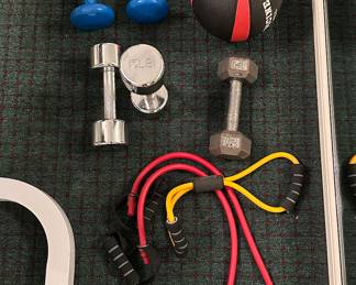 Resistance Bands - $5.00 Each,  8lbs Medicine Ball - $15.00,  15 lbs Chrome Dumbbells - $15.00, 1 12 lbs Dumbbell - $6.00, 10 lbs Blue Dumbbells - $10.00