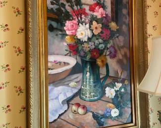 Painting in Gold Frame Floral in Vase Art Artist Signed - 32" x 44" - 575.00