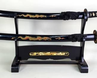Katana And Wakizashi Swords On Display Stand, 29" And 18.5" Blades, Both Have Embossed Dragons On The Blades, Both In Scabbards