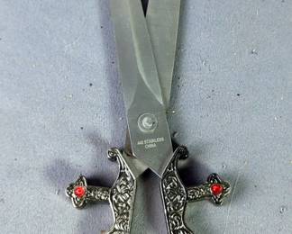 Intricate Scissors With Gothic Sword Design With 6" Blades, In Metal Scabbard, And Letter Opener With 4" Blade