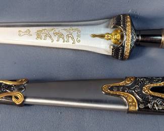 Dagger With Golden Blade Design In Metal Scabbard, 8" Blade