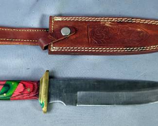 Fixed Blade Knife, Brass Guard, With Red And Green Wood Handle, 8" Blade, In Embossed Leather Sheath