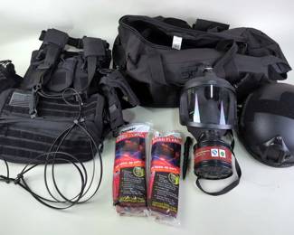 Riot Gear, Includes One Tigris Body Armor, Gas Mask, Tactical Helmet, Krydex Mag Pouches, And Zip Ties, In SOG Carry Bag