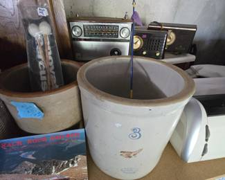 Redwing #3 crock, unbranded crock. marimba mallets, old table top radios (non-working), cricut machine